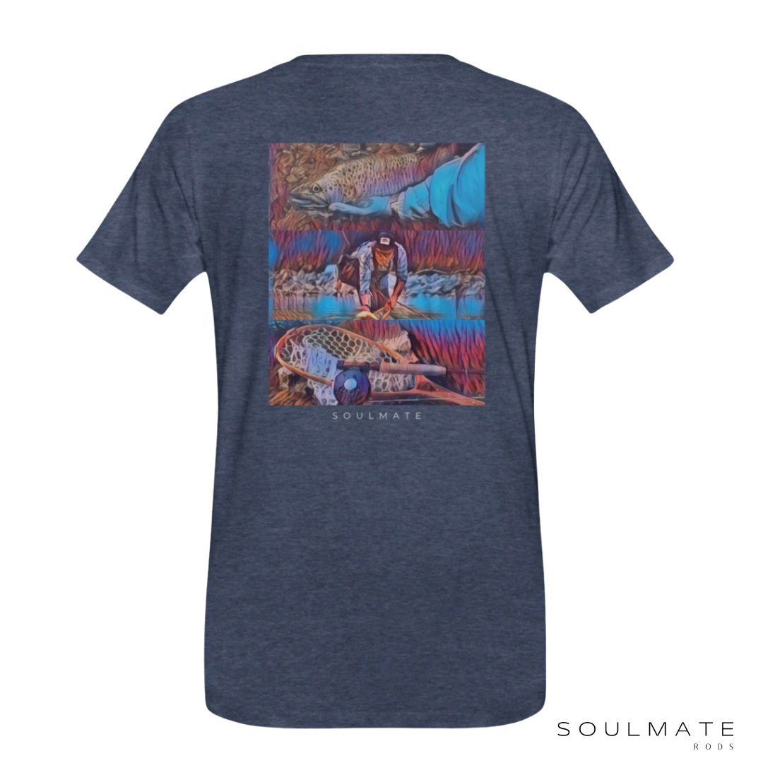 T-shirt Soulmate bleu chiné avec logo et poisson psychoactif